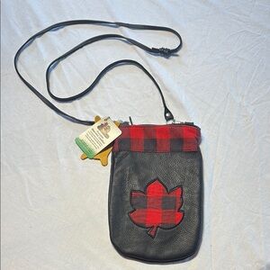 Plaid Leaf Accent Black Leather  Bag